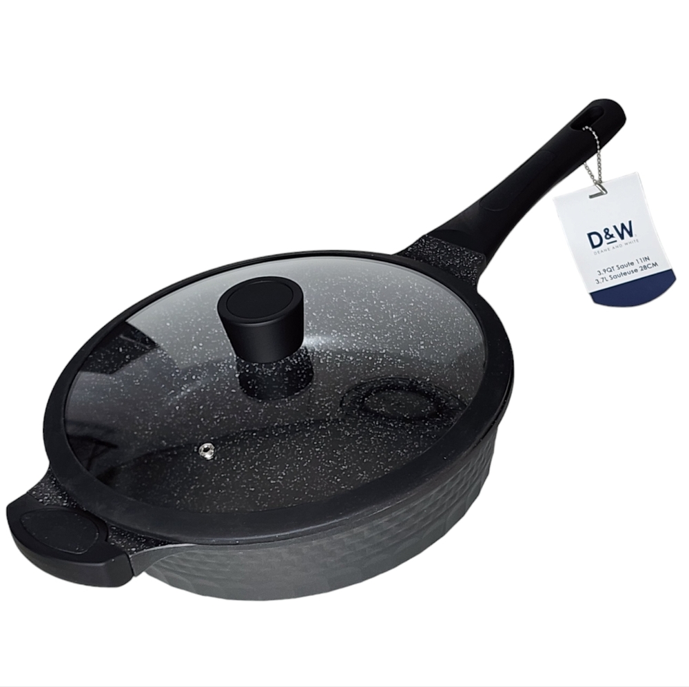 D&W Cookware 11in Saute Frying Pan Non Stick Skillet With Glass Lid 3.9QT Black